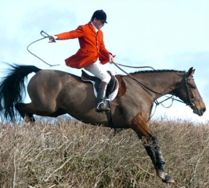 The Automatic Release. Note that the rider is keeping a loose rein, the horse has room to move, and the rider remains in balance over the hedge.